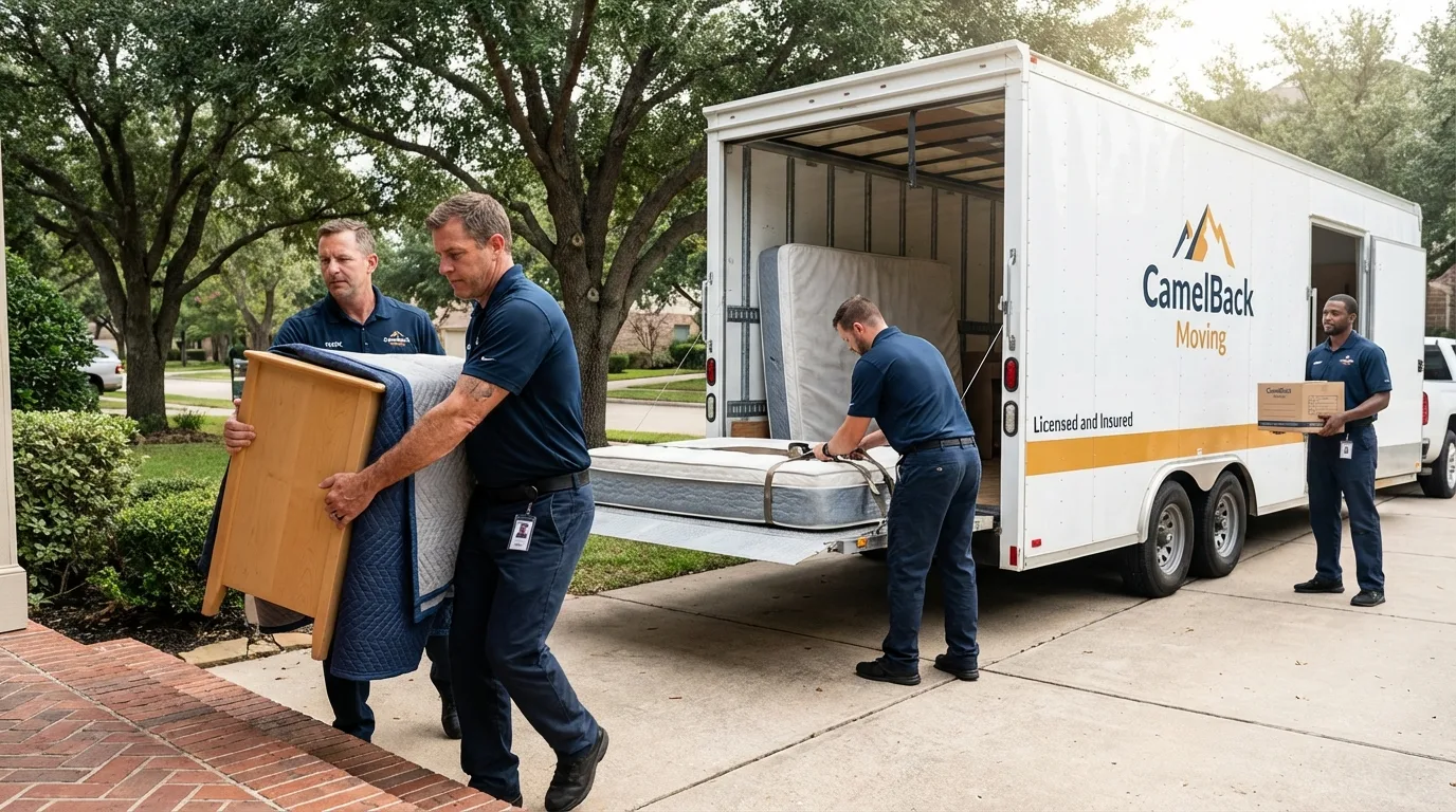 Crew loading residential truck for cross-state move from Hughes, AR