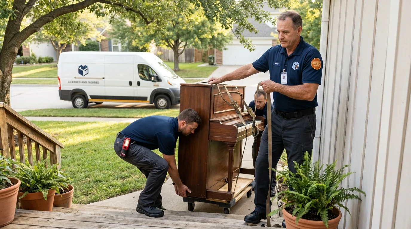 Licensed piano movers securing grand piano in Hughes, AR