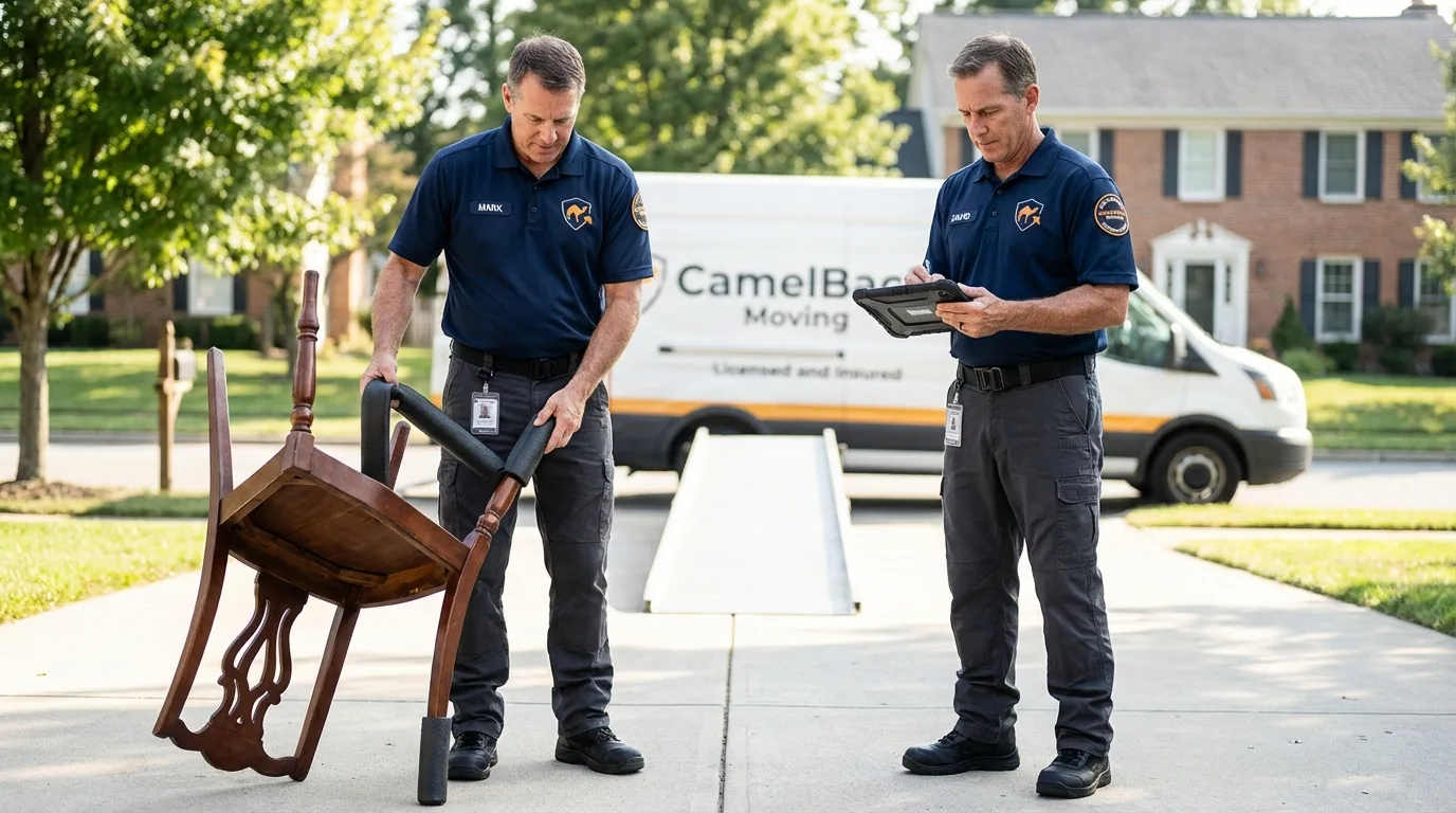 Movers inspecting furniture for damage prevention before loading in Hughes, AR