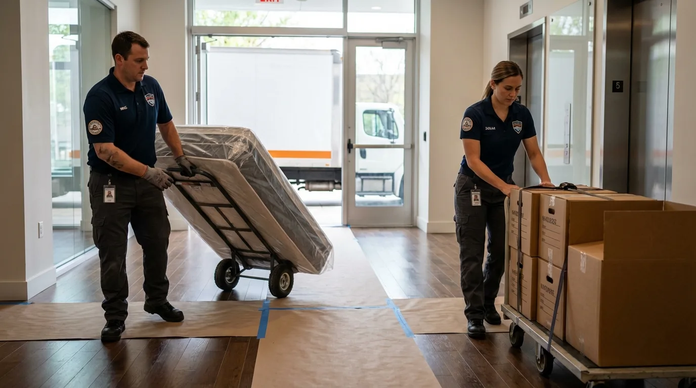 Professional apartment movers loading elevator in Hughes, AR