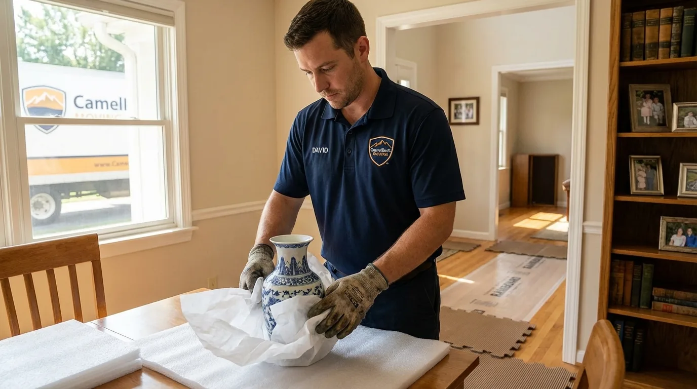 Professional crew carefully wrapping antique vase for senior downsizing move in Hughes, AR